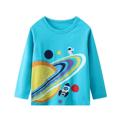 HILEELANG Toddler Boys' Long Sleeve Tee Shirt Christmas Cotton Casual Crewneck Rocket Graphic Tops T-Shirts Black Blue 3 Packs