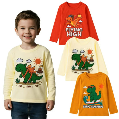 HILEELANG Toddler Boys（2Y-7Y) Shirt 3-Pack Dinosaurs Graphic Long-Sleeve Tees Winter Cotton Casual Crewneck T-Shirts