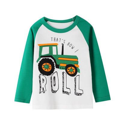 HILEELANG Toddler Boy Tee Raglan Long Sleeve Crewneck T Shirt Blue Red Yellow Cartton Car Winter Christmas Shirt 3 Pack