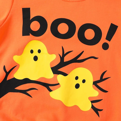 HILEELANG Toddler(18M-7T) Halloween Sweatshirt – 100% Cotton Pullover with Boo Ghost Print, Orange Crewneck for Boys Girls
