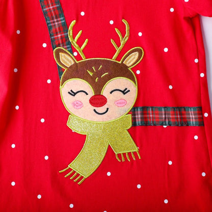 HILEELANG Toddler Girls Christmas Long Sleeve Dress Cotton Casual Red Elk Embroidery Jersey Shirt Fall Winter Holiday Playwear Dresses