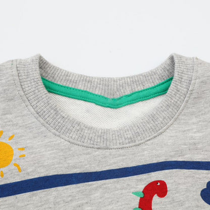 HILEELANG Toddler Boy Sweatshirts Grey Blue Stripe Dinosaur Crewneck Pullover Cotton Autumn Top Clothes