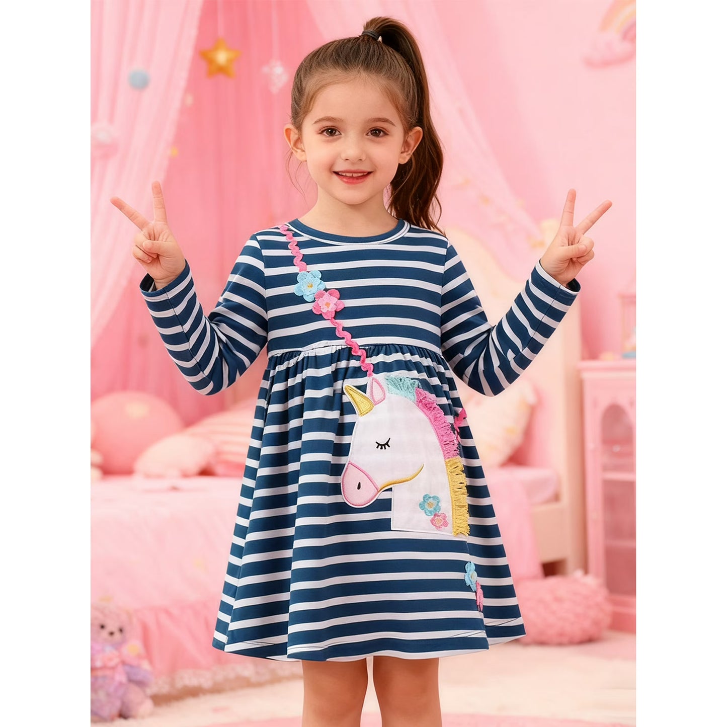 HILEELANG Toddler Girls Long Sleeved Dresses Christmas Winter Cotton Casual Cute Stripe Unicorn Cartoon Pattern Dress