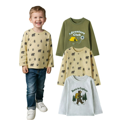 HILEELANG Baby Boys Shirt 3-Pack Bear Graphic Long-Sleeve Tees Winter Cotton Casual Crewneck T-Shirts