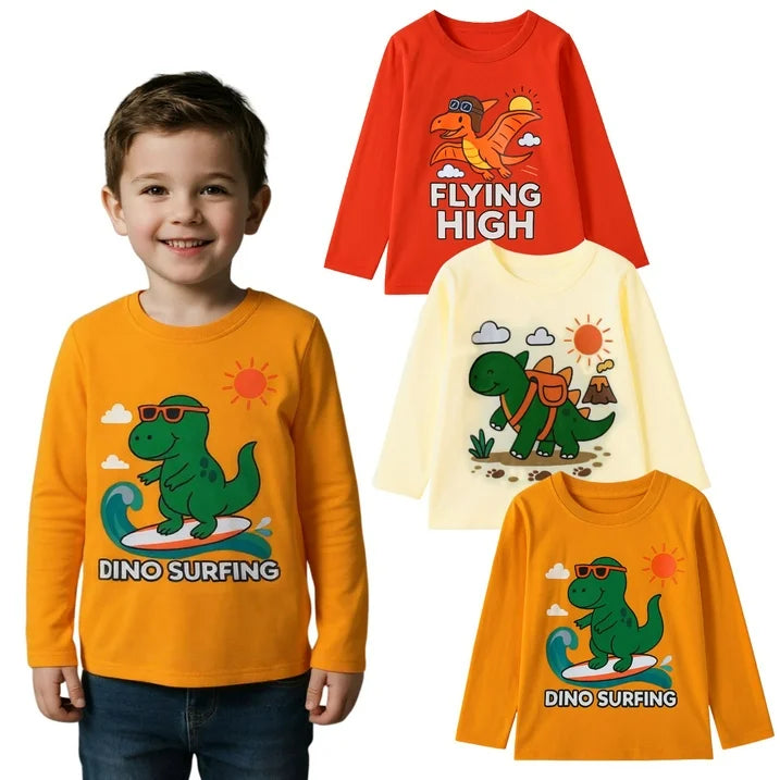 HILEELANG Toddler Boys（2Y-7Y) Shirt 3-Pack Dinosaurs Graphic Long-Sleeve Tees Winter Cotton Casual Crewneck T-Shirts