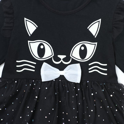 HILEELANG Toddler Girl Hallowen 2-8years old Dress Long Sleeve Novelty Black Cat Graphic Glow in the Dark Tulle Tutu Party Dresses With Witch Hat