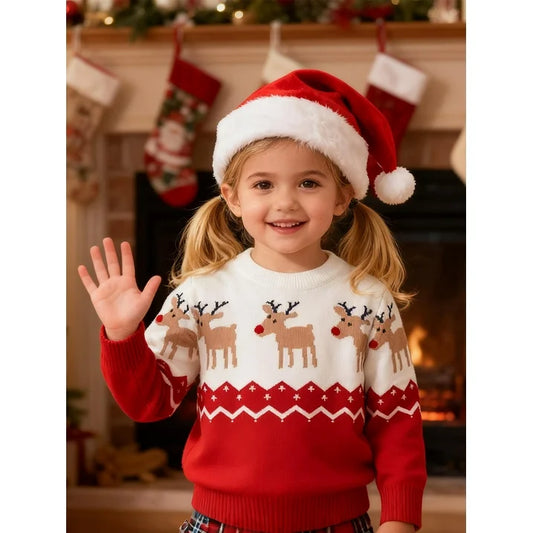 HILEELANG Toddler Boy Girl Sweater Christmas Knit Pullover Crewneck Offer White Red Christmas Elk Deer Sweatshirts Holiday Sweater