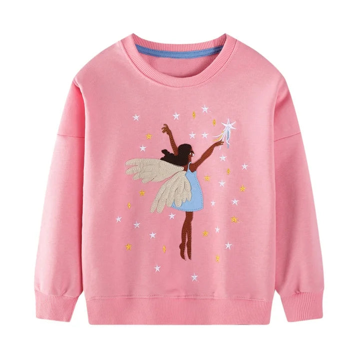 HILEELANG Toddler Girls（2-7Y) Sweatshirt Falling Shoulder Sleeve Pullover Crewneck Cotton Top Cute Dance Girl Embroidery Fall Winter Clothes