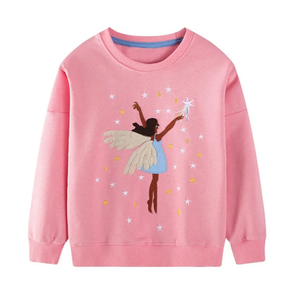 HILEELANG Toddler Girls（2-7Y) Sweatshirt Falling Shoulder Sleeve Pullover Crewneck Cotton Top Cute Dance Girl Embroidery Fall Winter Clothes