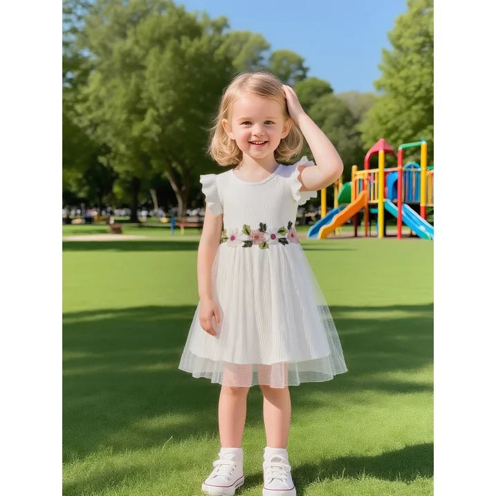 HILEELANG Toddler Little Girls White Tulle Dress, Floral Embroidered Flutter Sleeve Flower Girl Dress for Wedding Birthday Picture Day
