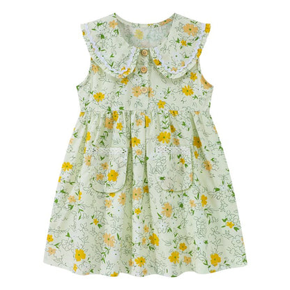 HILEELANG Toddler Little Girls 2 Pack Summer Dresses, Sleeveless Peter Pan Collar Sundress Set with Pockets