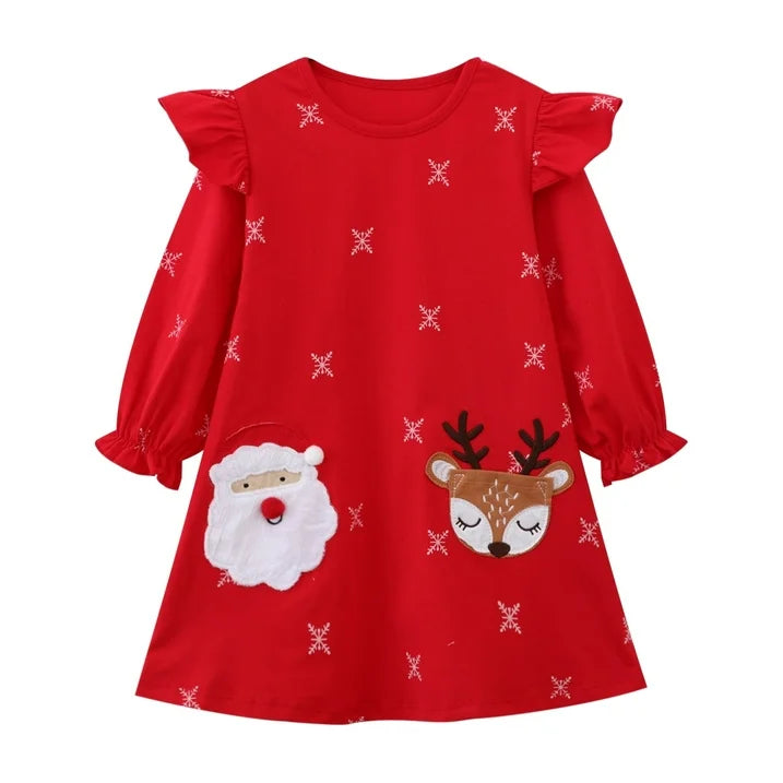 HILEELANG Toddler Girl Christmas Dress Red Ruffle Long Sleeve Cotton Casual Santa Claus Elk Applique Dresses