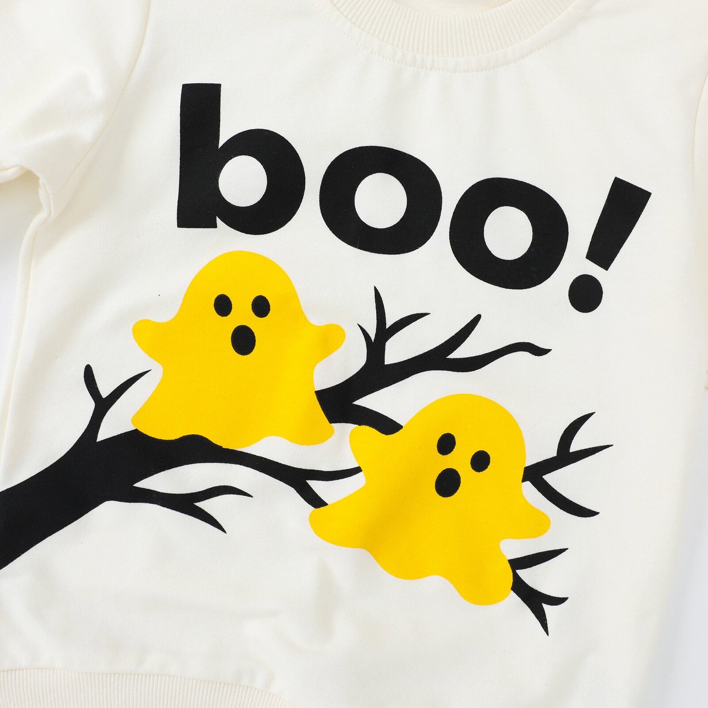 HILEELANG Toddler(18M-7T) Halloween Sweatshirt – 100% Cotton Pullover with Boo Ghost Print, White Crewneck for Boys Girls