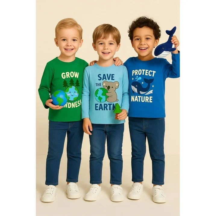 HILEELANG Toddler(2-7Y) Boys' 3-Pack Long Sleeve T-Shirts Cotton Graphic Tees Crewneck Nature & Animal Print Shirts for Kids