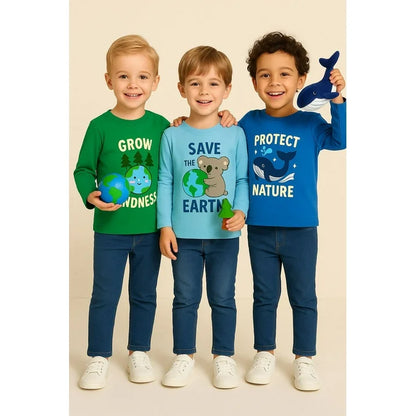 HILEELANG Toddler(2-7Y) Boys' 3-Pack Long Sleeve T-Shirts Cotton Graphic Tees Crewneck Nature & Animal Print Shirts for Kids