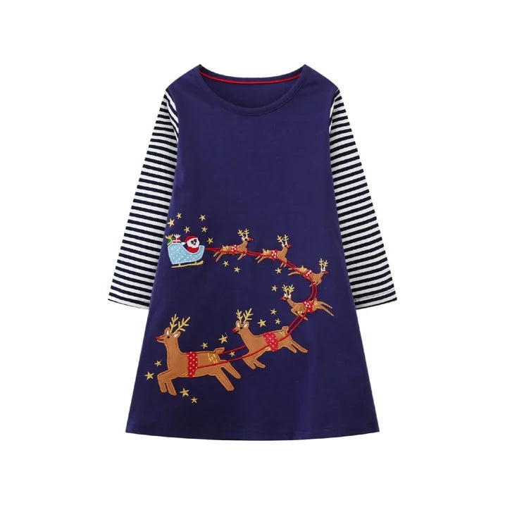 HILEELANG Toddler Girl Christmas Dress Navy Blue Deer Elk Santa Applique Long Sleeve Cotton Casual Dresses