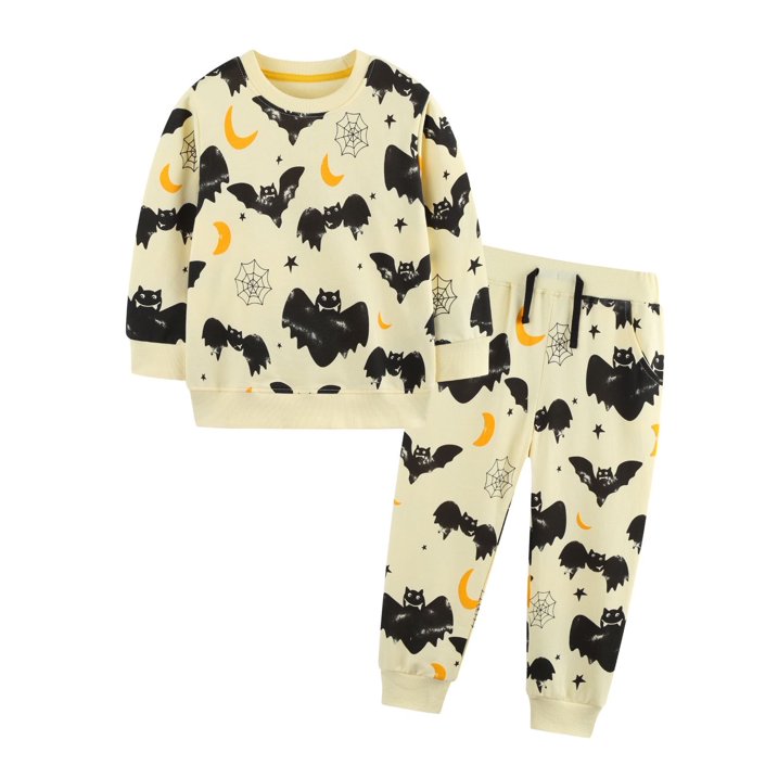 HILEELANG Toddler Boys(Age:2-7Y) Halloween Outfit – 2 Piece Cotton Set with Bat & Spider Print Sweatshirt and Jogger Pants