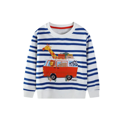 HILEELANG Toddler Boys(2-7Y) Sweatshirt Long Sleeve Striped Pullover Top, Cute Giraffe Zebra Applique Embroidery Fall Winter Cotton Crewneck Shirt