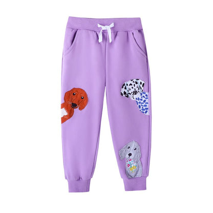 HILEELANG Toddler Girls （Age:12M-7Y) Cotton Joggers Sweatpants Animal Embroidery Drawstring Waist and Pockets-Pink Purple Casual Athletic Pants for Kids