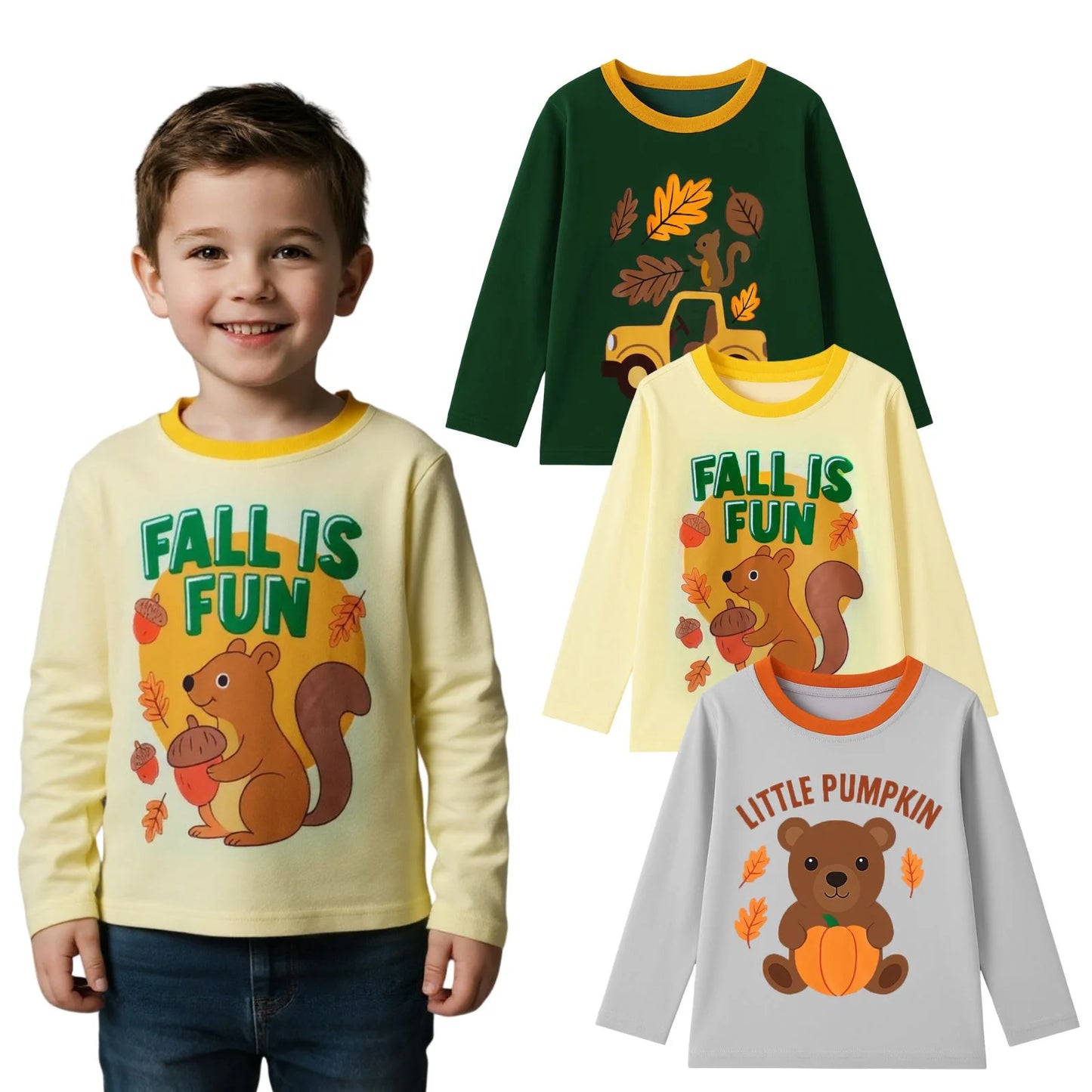 HILEELANG Toddler Boys（2Y-7Y) Shirt Halloween 3-Pack Squirrel Pumpkin Graphic Long-Sleeve Tees Winter Cotton Casual Crewneck T-Shirts