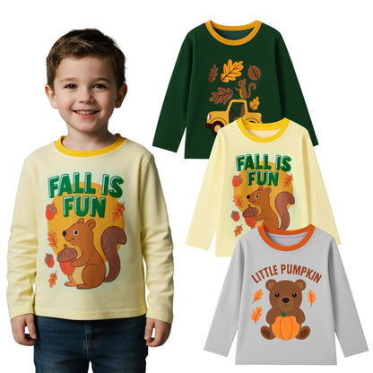 HILEELANG Toddler Boys（2Y-7Y) Shirt Halloween 3-Pack Squirrel Pumpkin Graphic Long-Sleeve Tees Winter Cotton Casual Crewneck T-Shirts