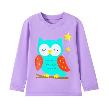 HILEELANG Toddler Girls Long Sleeve T Shirts 3 Pack – 100% Cotton Casaul Pink Blue Purple Bunny Fox Owl Cute Graphic Tees for Fall Winter Everyday Layering & Play