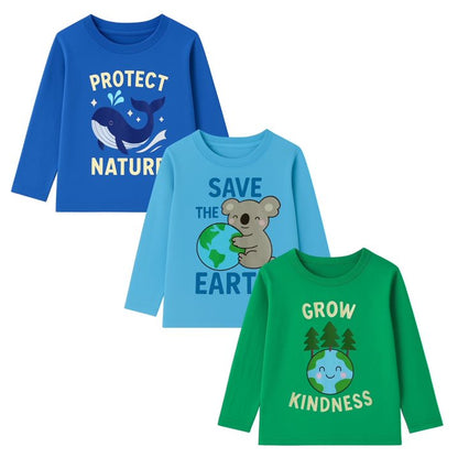 HILEELANG Toddler(2-7Y) Boys' 3-Pack Long Sleeve T-Shirts Cotton Graphic Tees Crewneck Nature & Animal Print Shirts for Kids