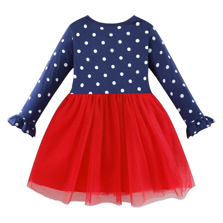 HILEELANG Toddler Girls Long Puff Sleeve Navy Dot Christmas Tulle Dress Cotton Casual Red Xms Man Applique Jersey Shirt Playwear Dresses