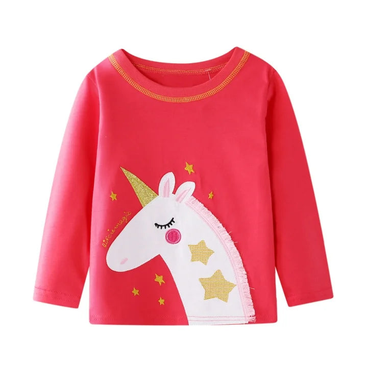 Toddler Girl Long Sleeve Tee Shirt 3 Pack Unicorn Elk Reindeer Graphic Winter Cotton Casual Crewneck T-Shirts