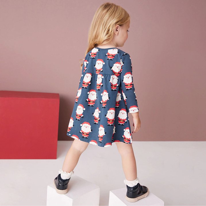 HILEELANG Toddler Girl Christmas Dress Navy Blue Santa Claus Cotton Casual Long Sleeve Tunic Playwear Holiday Dresses