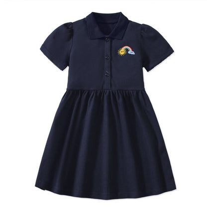 HILEELANG Toddler Little Girls 2 Pack Polo Dresses, Short Sleeve School Uniform Style Dress Set with Rainbow Embroidery