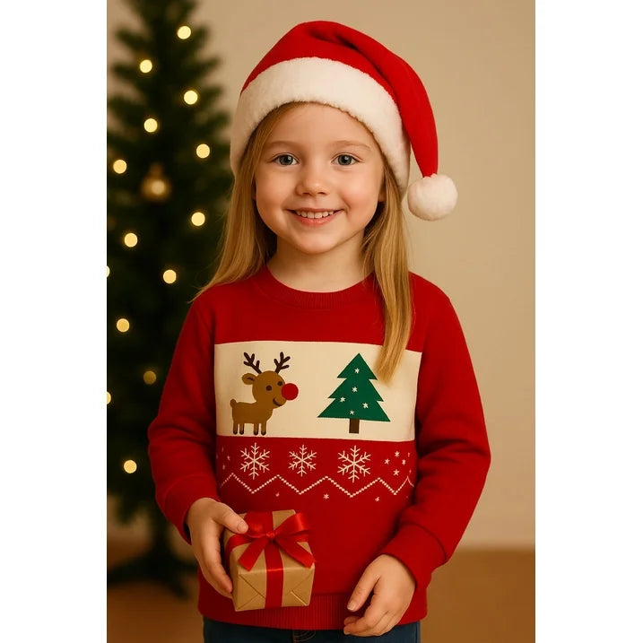 HILEELANG Kids Christmas Sweatshirt, Cotton Pullover Top with Reindeer and Tree Print, Unisex Holiday Long Sleeve Shirt for Toddler Boys Girls