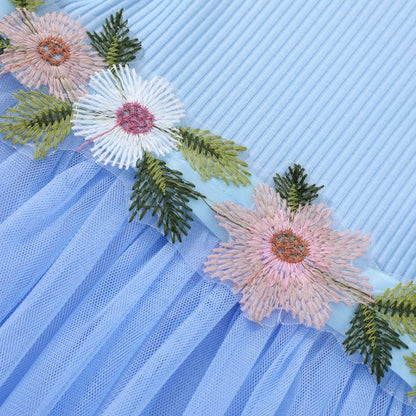 HILEELANG Toddler Little Girls Blue Tulle Dress, Floral Embroidered Flutter Sleeve Summer Party Tutu Dress