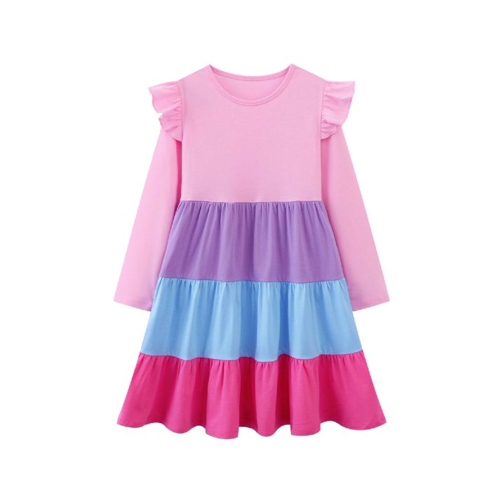 HILEELANG Toddler Girl Long Sleeve Dress Ruffle Solid Color Cotton Casual Tiered Pleated Twirly Dress