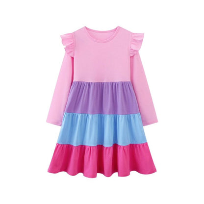 HILEELANG Toddler Girl Long Sleeve Dress Ruffle Solid Color Cotton Casual Tiered Pleated Twirly Dress