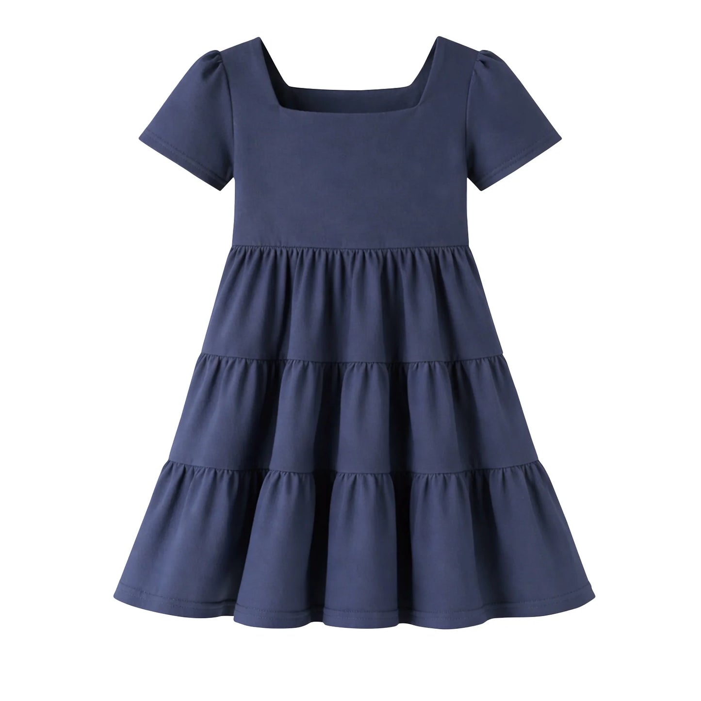 HILEELANG Toddler Girls 2-8T 100% Cotton Tiered Dress Solid Navy Short Sleeve Casual Dress