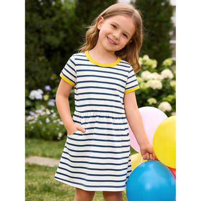 HILEELANG 2-8 Toddler Girls Navy White Stripe Yellow Trim Summer Play Dress