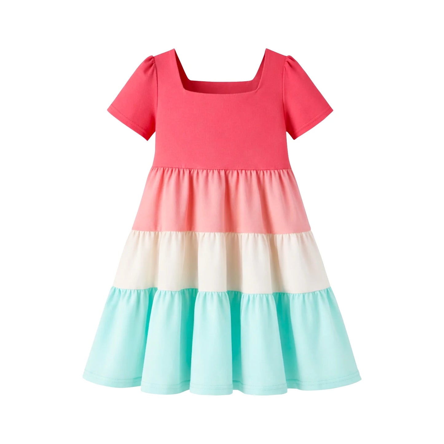 HILEELANG Toddler Girls 2-8T 100% Cotton Colorblock Tiered Dress Pink Colorblock Short Sleeve Casual Dress