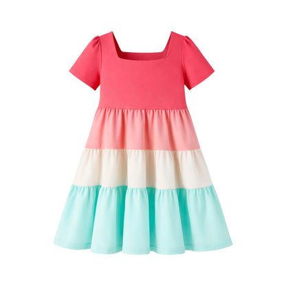 HILEELANG Toddler Girls 2-8T 100% Cotton Colorblock Tiered Dress Pink Colorblock Short Sleeve Casual Dress