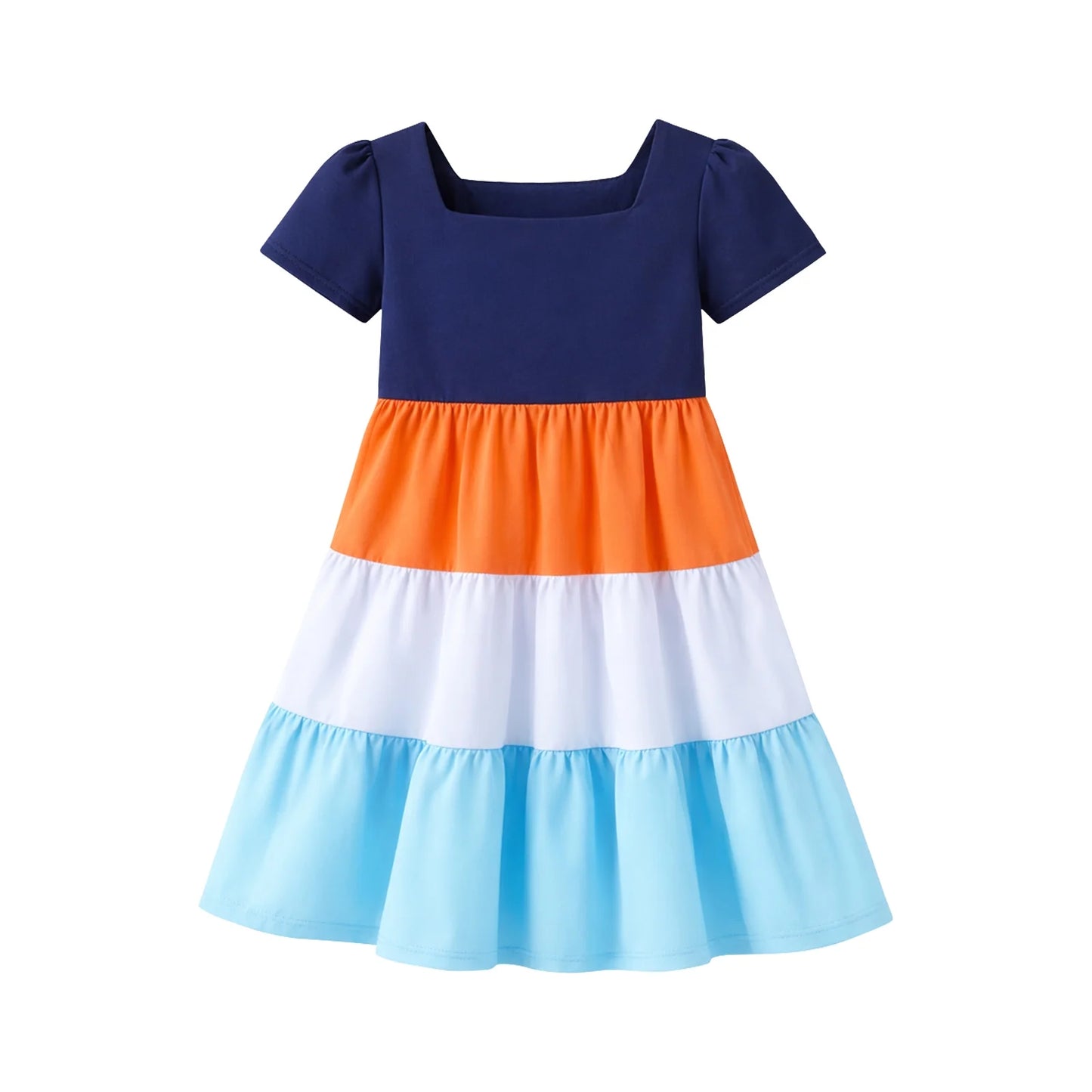 HILEELANG Toddler Girls 2-8T 100% Cotton Tiered Colorblock Dress Navy Colorblock Short Sleeve Casual Dress