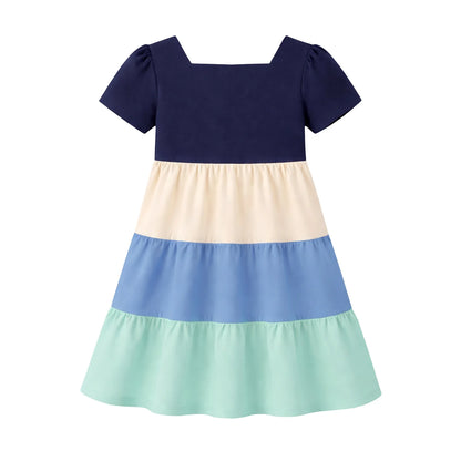 HILEELANG Toddler Girls 2-8T 100% Cotton Tiered Dress Navy Colorblock Short Sleeve Casual Dress