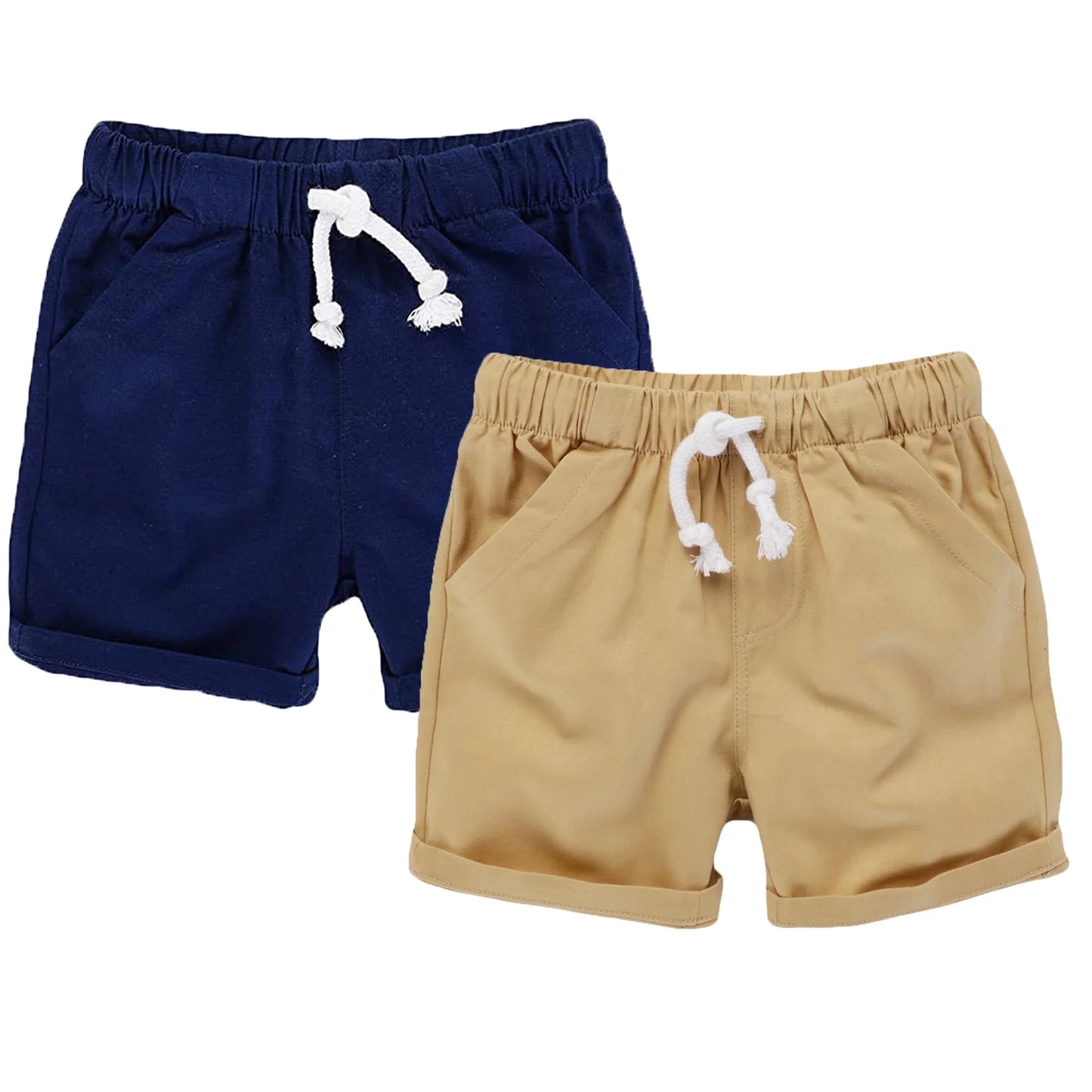 HILEELANG Toddler Boys' Elastic Waist Drawstring Cotton Shorts, 2-Pack, Khaki and Navy Blue