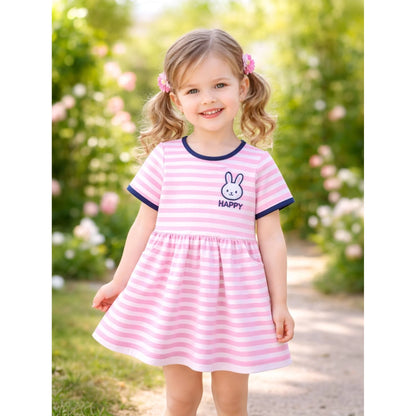 HILEELANG 2-8 Toddler Girls Pink White Stripe Bunny Summer Play Dress