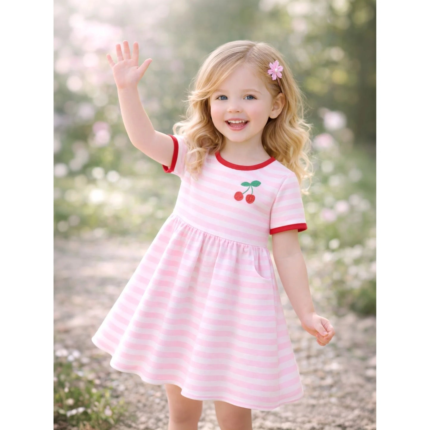 HILEELANG 2-8 Toddler Girls Pink White Stripe Cherry Summer Play Dress