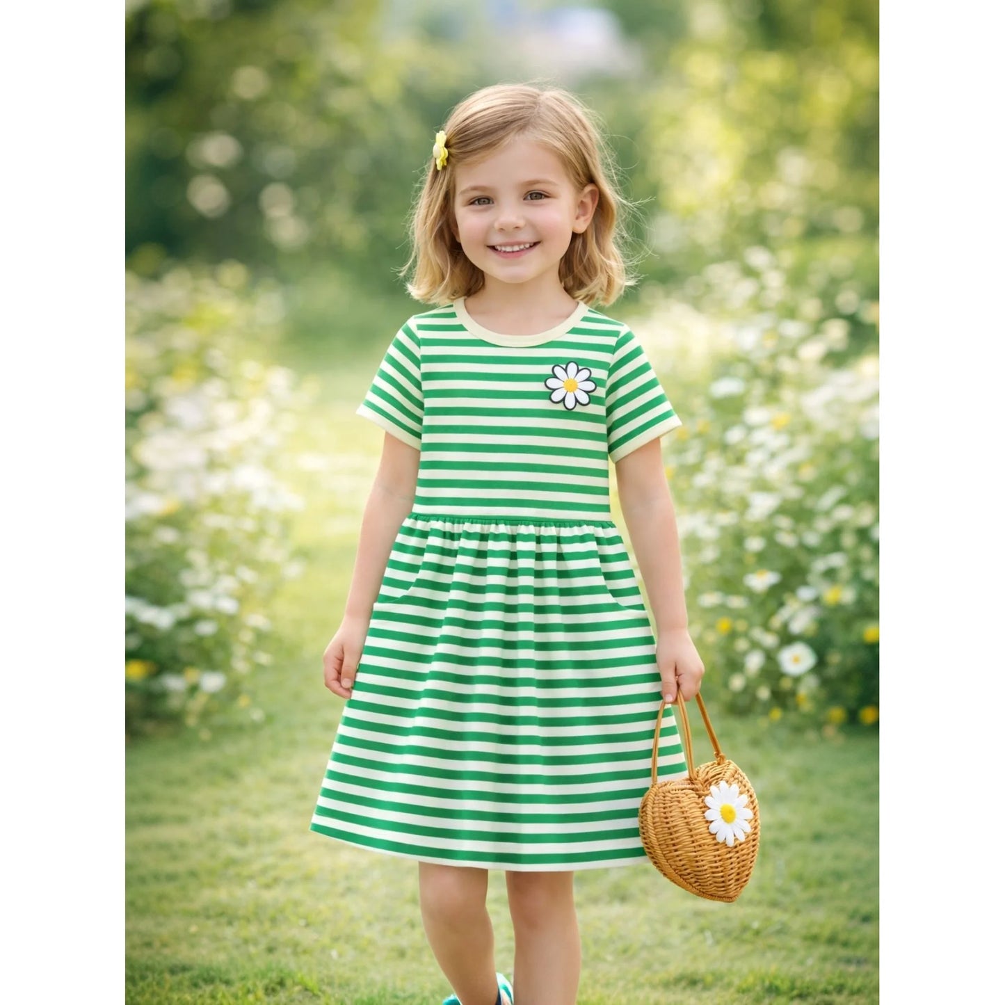 HILEELANG 2-8 Toddler Girls Green White Stripe Bunny Summer Play Dress