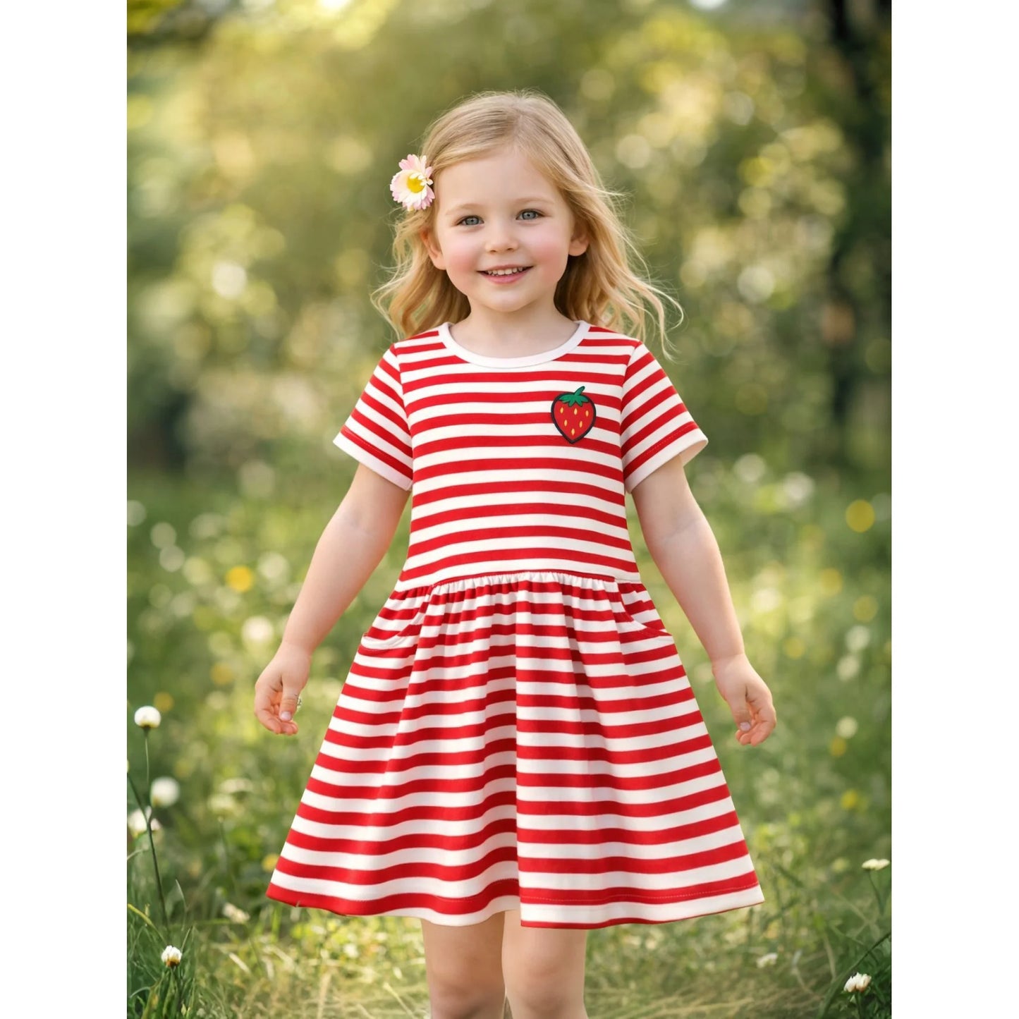 HILEELANG 2-8 Toddler Girls Red White Stripe Strawberry Summer Play Dress