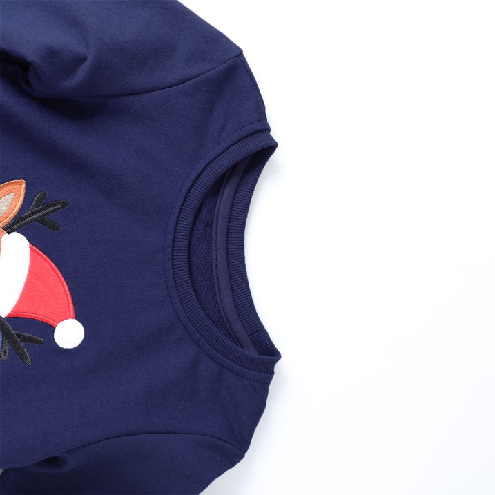 HILEELANG Kids Christmas Sweatshirt, Cotton Pullover Top with Reindeer Appliqué, Unisex Holiday Long Sleeve Shirt for Toddler Boys Girls