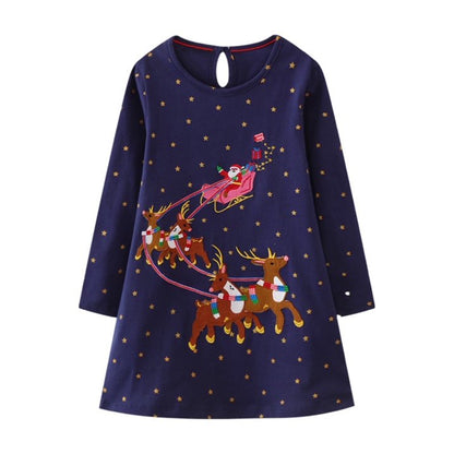 HILEELANG Toddler Girl Christmas Dress Navy Blue Dot Santa Elk Deer Long Sleeve Cotton Casual Holiday Dresses