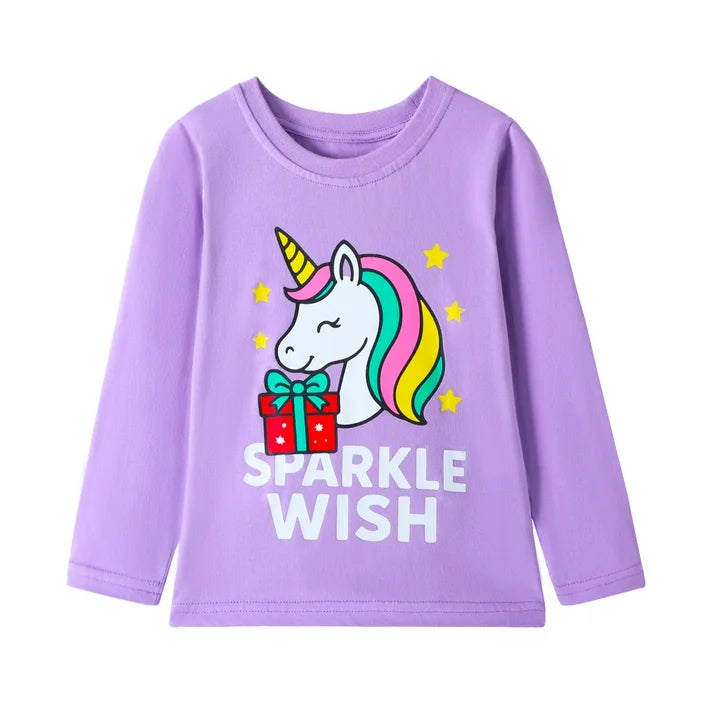 HILEELANG Toddler Girls Long Sleeve T Shirts Unicorn 3 Pack – 100% Cotton Casaul Birthday Girl Sparkle Wish Fall Winter Everyday Wear Kids Layering & Play Tops