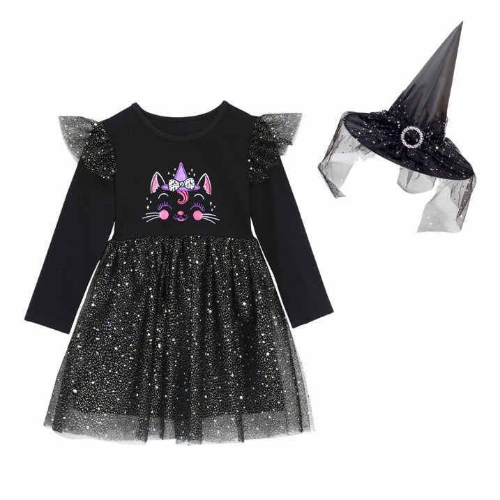 HILEELANG Toddler Girls Halloween Dress 2–7Y, Long Sleeve Pumpkin Ghost Black Cat Print Tulle Skirt with Witch Hat